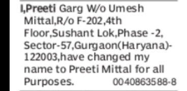 CHANGE OF NAME PREETI GARG TO PREETI MITTAL