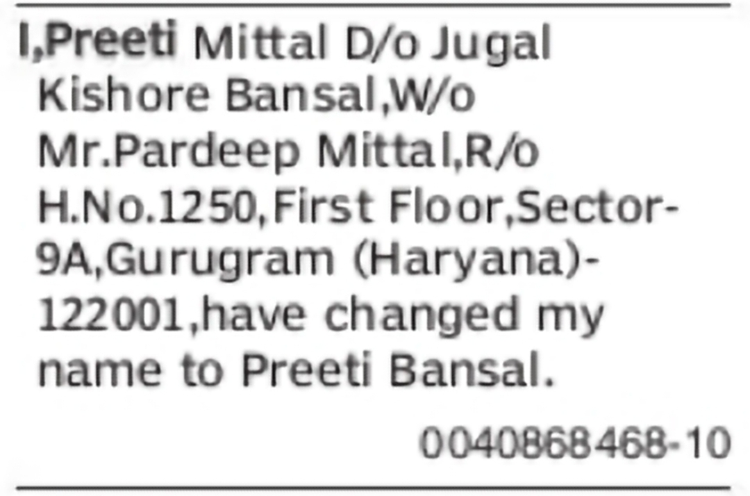 Change of Name – Preeti Mittal to Preeti Bansal
