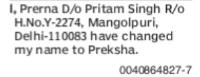 Change of Name – Prerna to Preksha