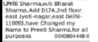Change of Name Priti Sharma to Preeti Sharma