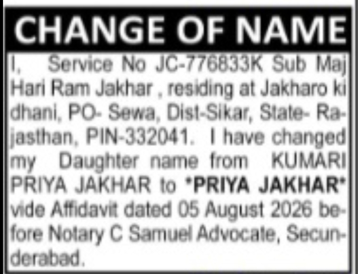 Change of Name – Priya Jakhar