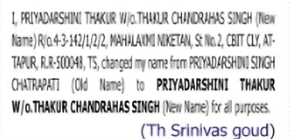 Change of Name: PRIYADARSHINI CHATAPATI to PRIYADARSHINI THAKUR