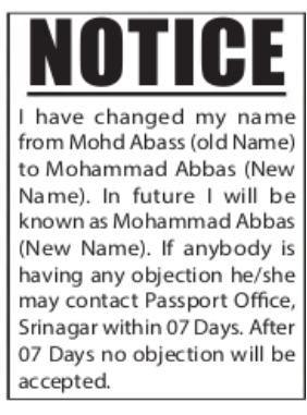 Change of Name Public Notice – Mohammad Abbas