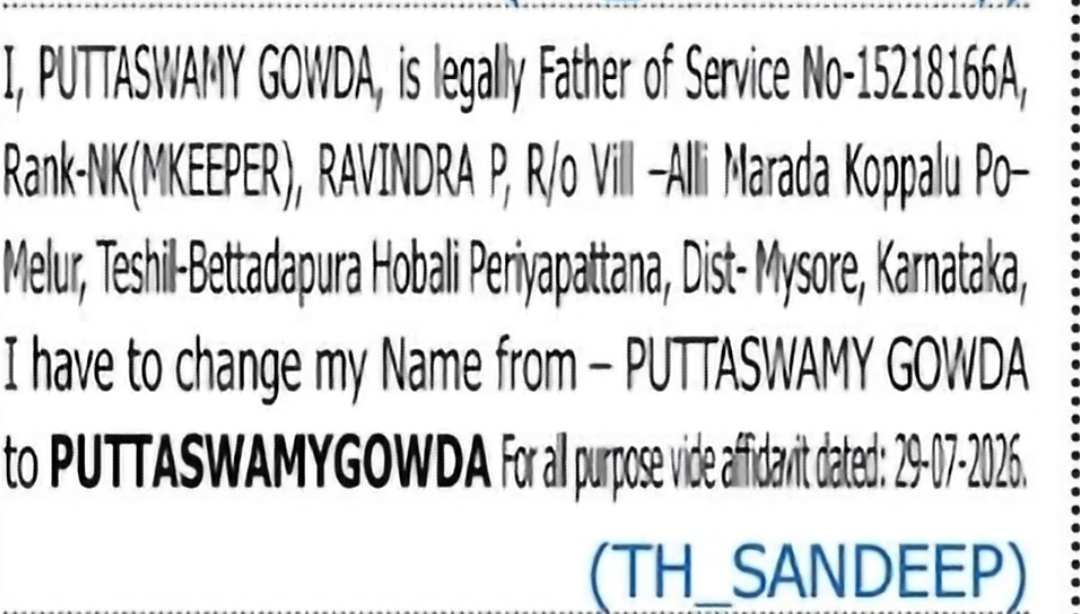 Change of Name – Puttsmay Gowda T.S to Puttaswamygowda