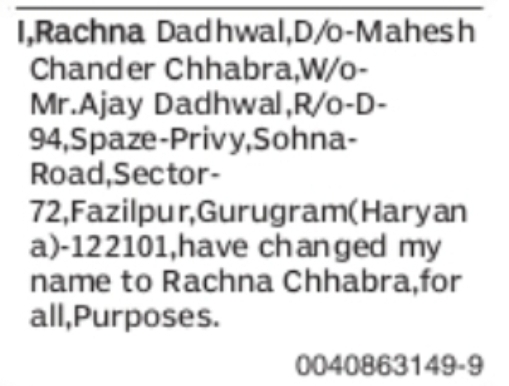 Change of Name: Rachna Dadhwal to Rachna Chhabra