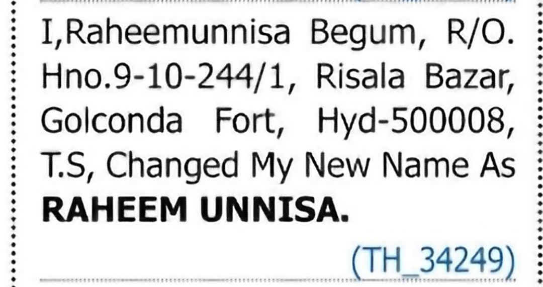 Change of Name: Raheemunnisa Begum to Raheem Unnisa