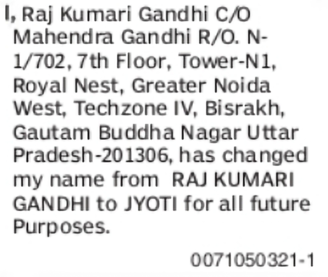 Change of Name – Raj Kumari Gandhi to Jyoti