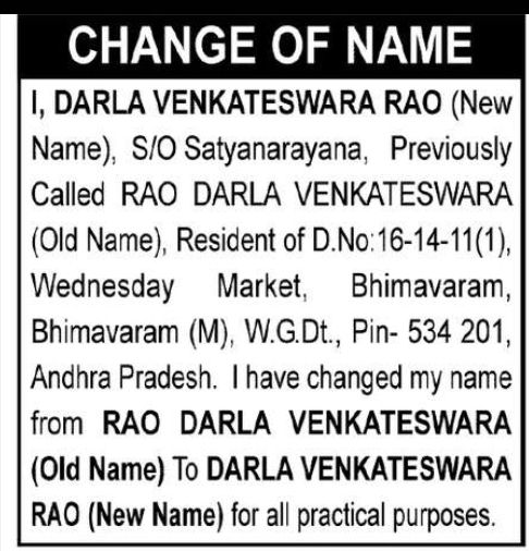 Change of Name – Rao Darla Venkateswara to Darla Venkateswara Rao
