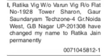CHANGE OF NAME – RATIKA VIG TO RATIKA JAIN