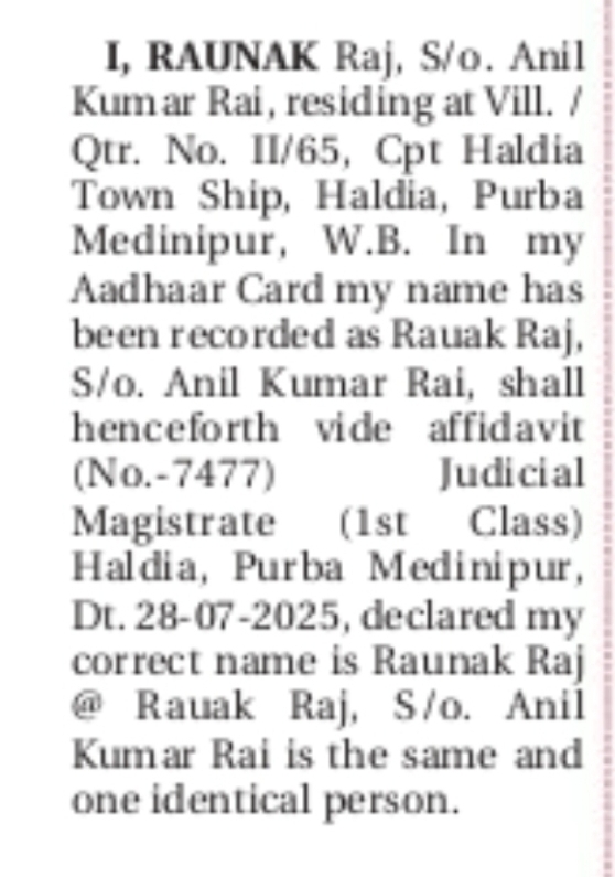 Change of Name – Raunak Raj @ Rauak Raj