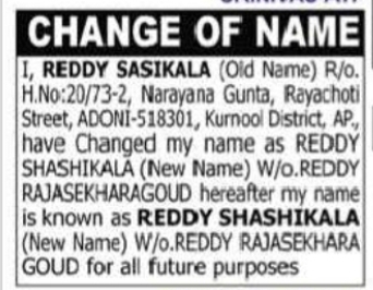 Change of Name: Reddy Sasikala to Reddy Shashikala