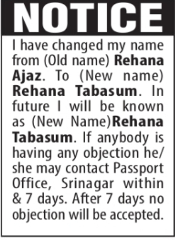 Change of Name – Rehana Ajaz to Rehana Tabasum