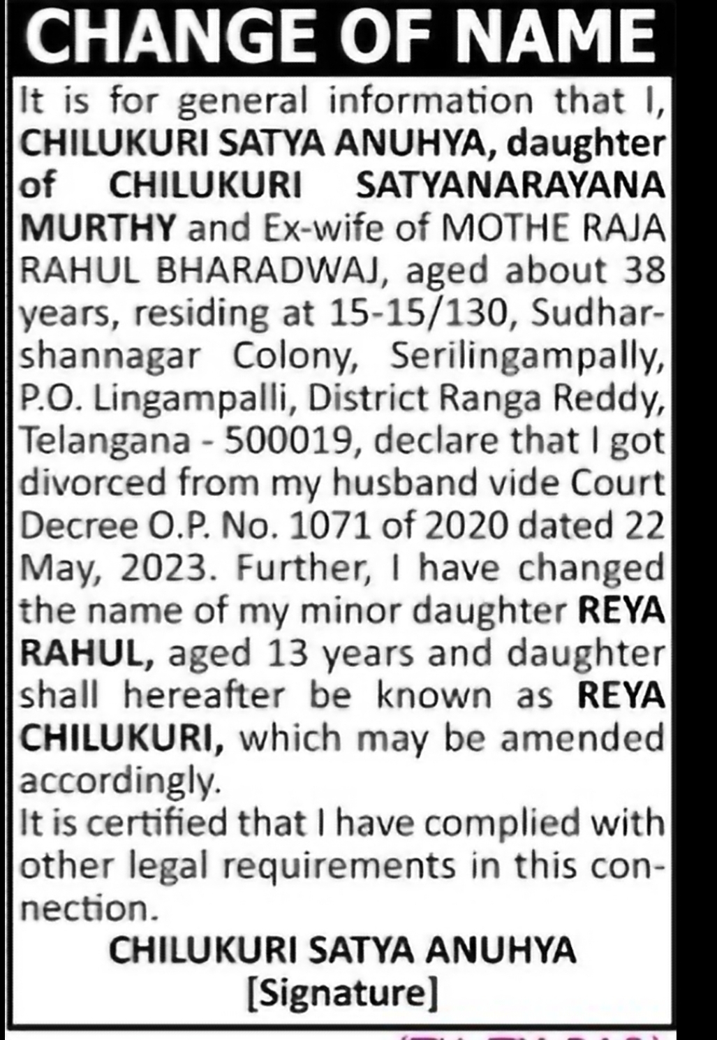 Change of Name – Reya Rahul to Reya Chilukuri