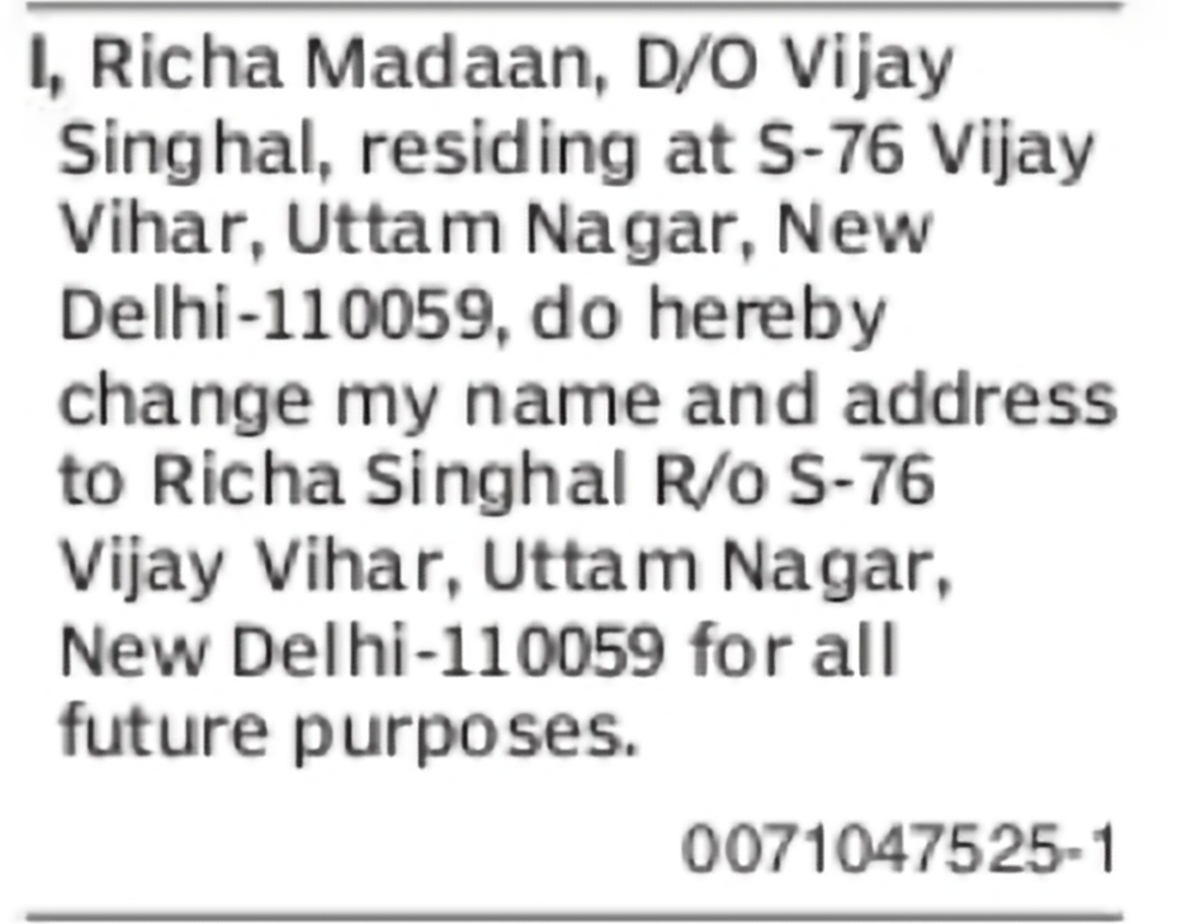 Change of Name Richa Madaan to Richa Singhal