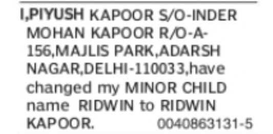 Change of Name Ridwin to Ridwin Kapoor