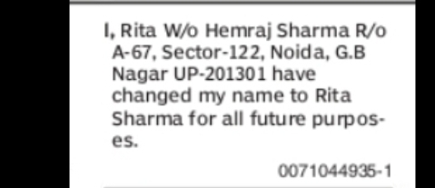 CHANGE OF NAME RITA TO RITA SHARMA