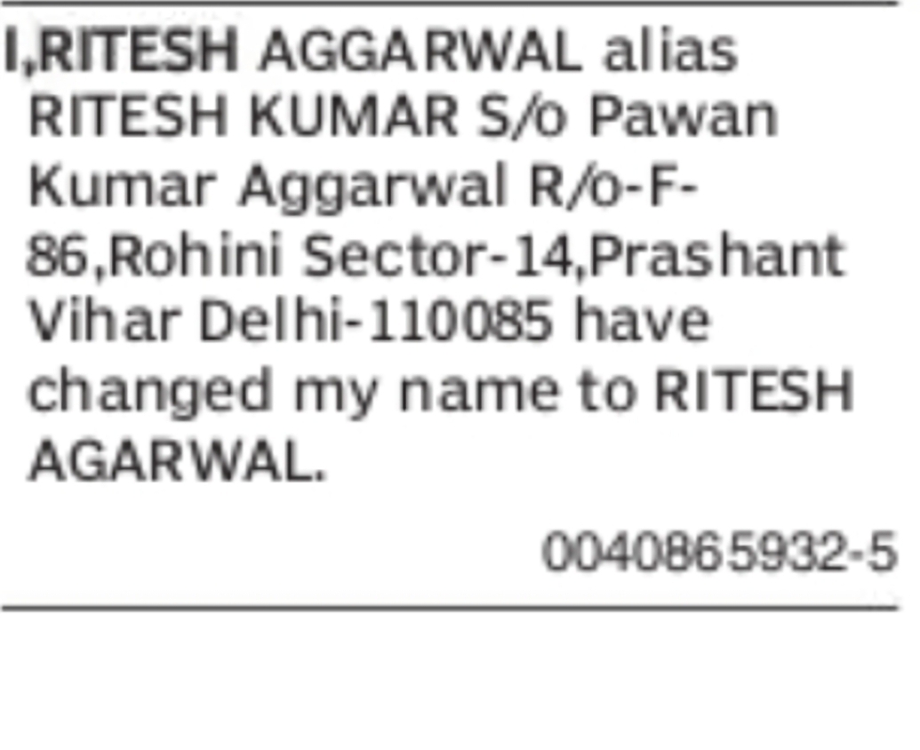 Change of Name Ritesh Aggarwal alias Ritesh Kumar to Ritesh Agarwal