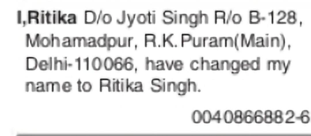 Change of Name – RITIKA to RITIKA SINGH