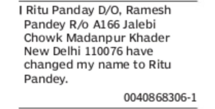 Change of Name – Ritu Panday to Ritu Pandey