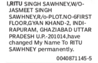 Change of Name: Ritu Singh Sawhney to Ritu Sawhney
