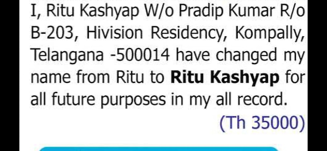 CHANGE OF NAME: RITU TO RITU KASHYAP