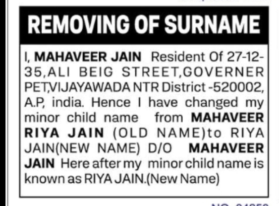 CHANGE OF NAME – RIYA JAIN