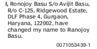 Change of Name: Ronojoy Basu to Ranojoy Basu