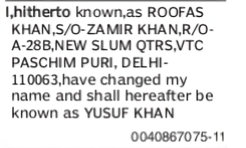 Change of Name – Roofas Khan to Yusuf Khan