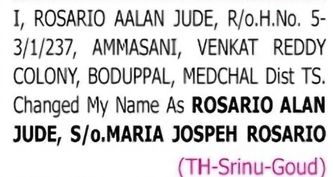 Change of Name – Rosario Aalan Jude to Rosario Alan Jude