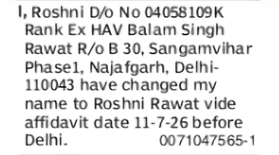 Change of Name: Roshni to Roshni Rawat