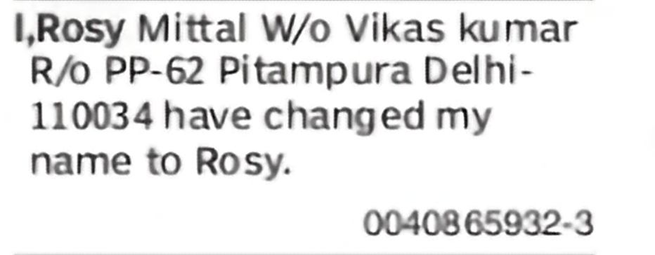 Change of Name: Rosy Mittal to Rosy