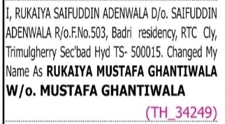 Change of Name – Rukaiya Saifuddin Adenwala to Rukaiya Mustafa Ghantiwala