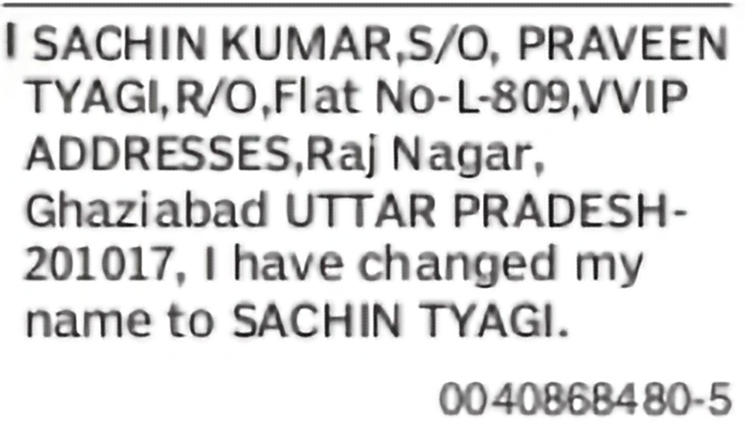 Change of Name – Sachin Kumar to Sachin Tyagi