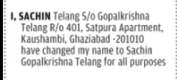 CHANGE OF NAME – SACHIN TELANG TO SACHIN GOPALKRISHNA TELANG (Uttar Pradesh)