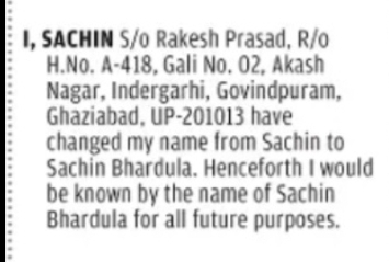 CHANGE OF NAME – SACHIN TO SACHIN BHARDULA (Uttar Pradesh)