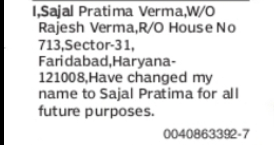 CHANGE OF NAME SAJAL PRATIMA VERMA TO SAJAL PRATIMA