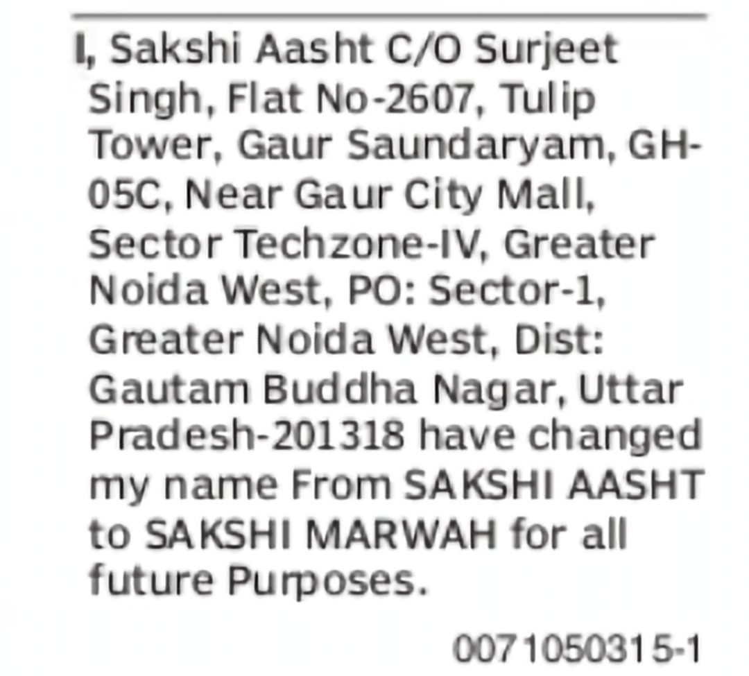 Change of Name – Sakshi Aasht to Sakshi Marwah