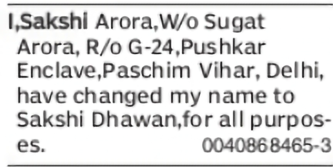 Change of Name – Sakshi Arora to Sakshi Dhawan