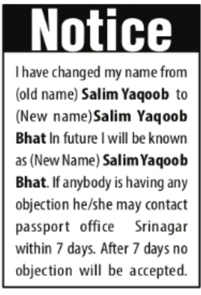 Change of Name — Salim Yaqoob to Salim Yaqoob Bhat
