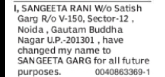 CHANGE OF NAME SANGEETA RANI TO SANGEETA GARG