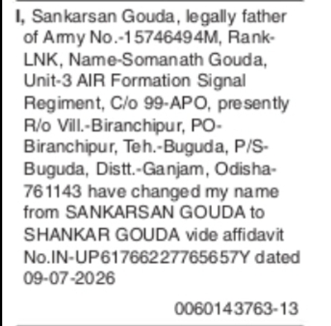 Change of Name: SANKARSAN GOUDA to SHANKAR GOUDA