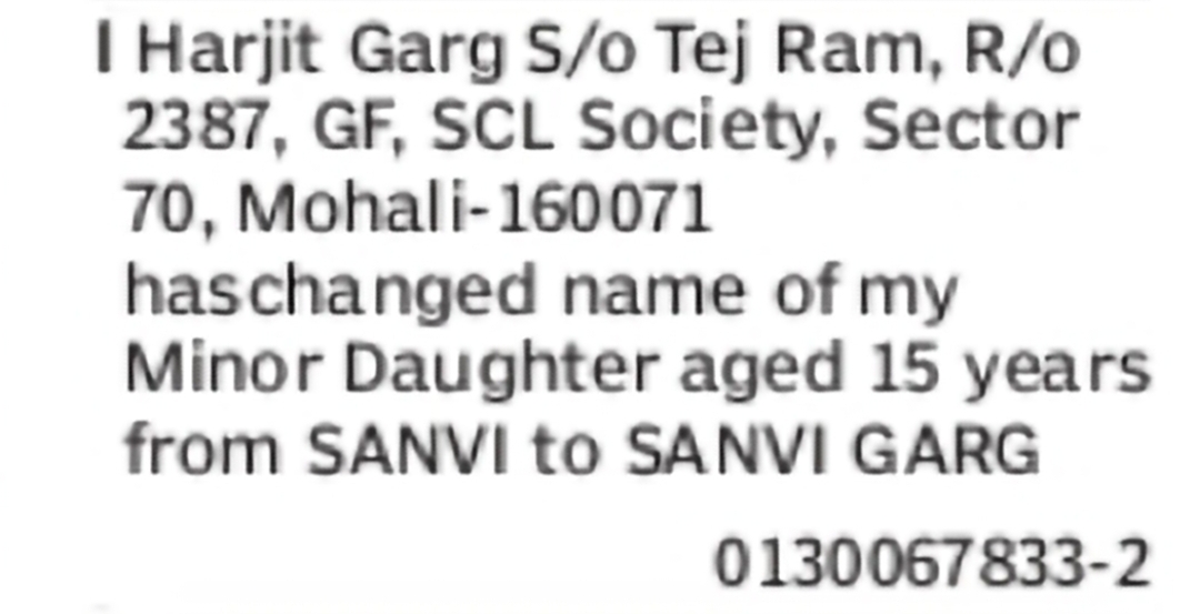 CHANGE OF NAME: Sanvi to Sanvi Garg