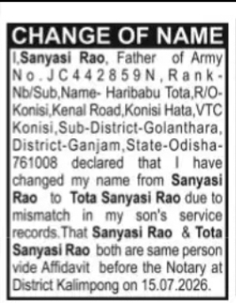 Change of Name: Sanyasi Rao to Tota Sanyasi Rao