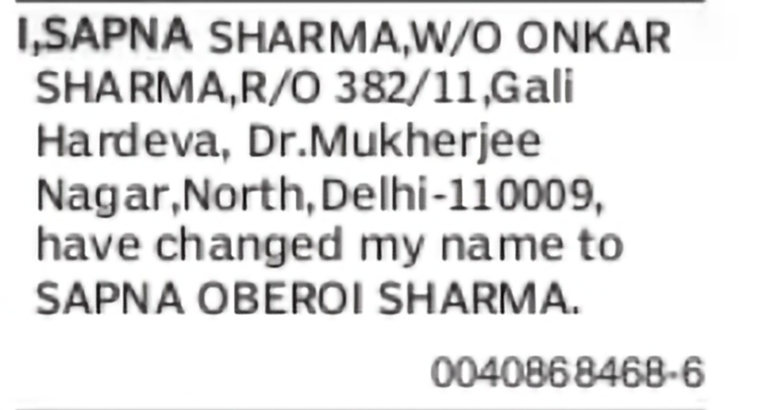 Change of Name – Sapna Sharma to Sapna Oberoi Sharma