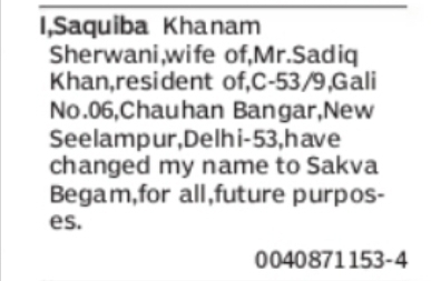 Change of Name – Saquiba Khanam Sherwani to Sakva Begam