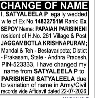 Change of Name – Satyaleela P to Parisineni Satyaleela