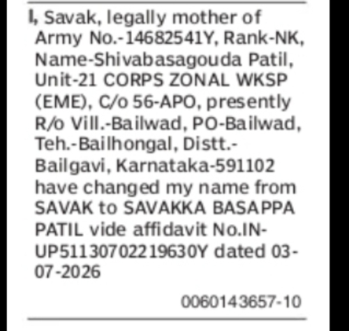 Change of Name: SAVAK to SAVAKKA BASAPPA PATIL
