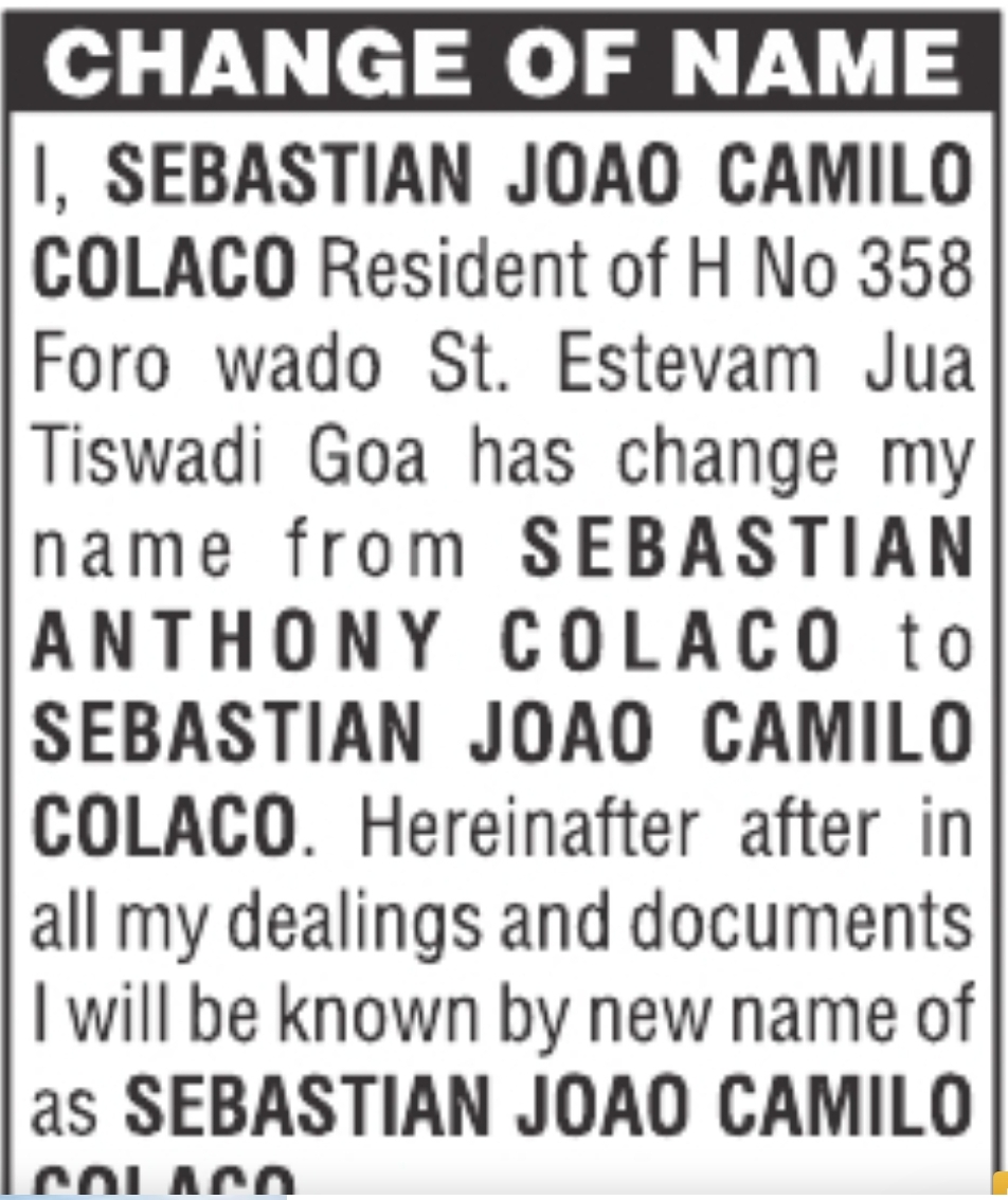 Change of Name – SEBASTIAN ANTHONY COLACO to SEBASTIAN JOAO CAMILO COLACO