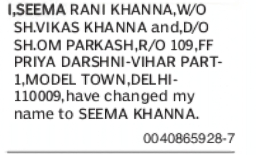 Change of Name: Seema Rani Khanna to Seema Khanna