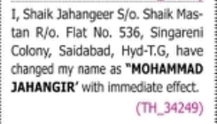 Change of Name: Shaik Jahangeer to Mohammad Jahangir